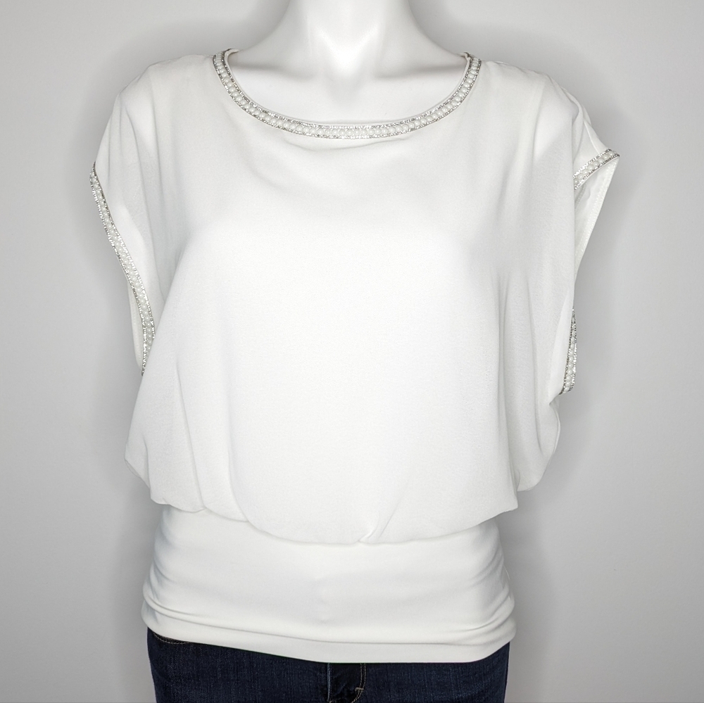 Frank Lyman white bead & gemstone trimmed short sleeve blouse 12